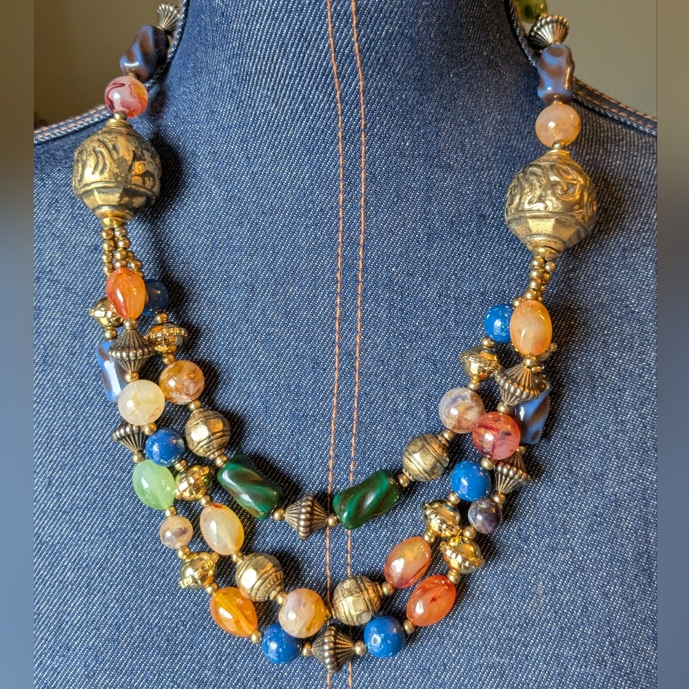 VINTAGE Beaded Necklace Glass Metal Gold Tone Semi Precious Stone 3 Strands 80's